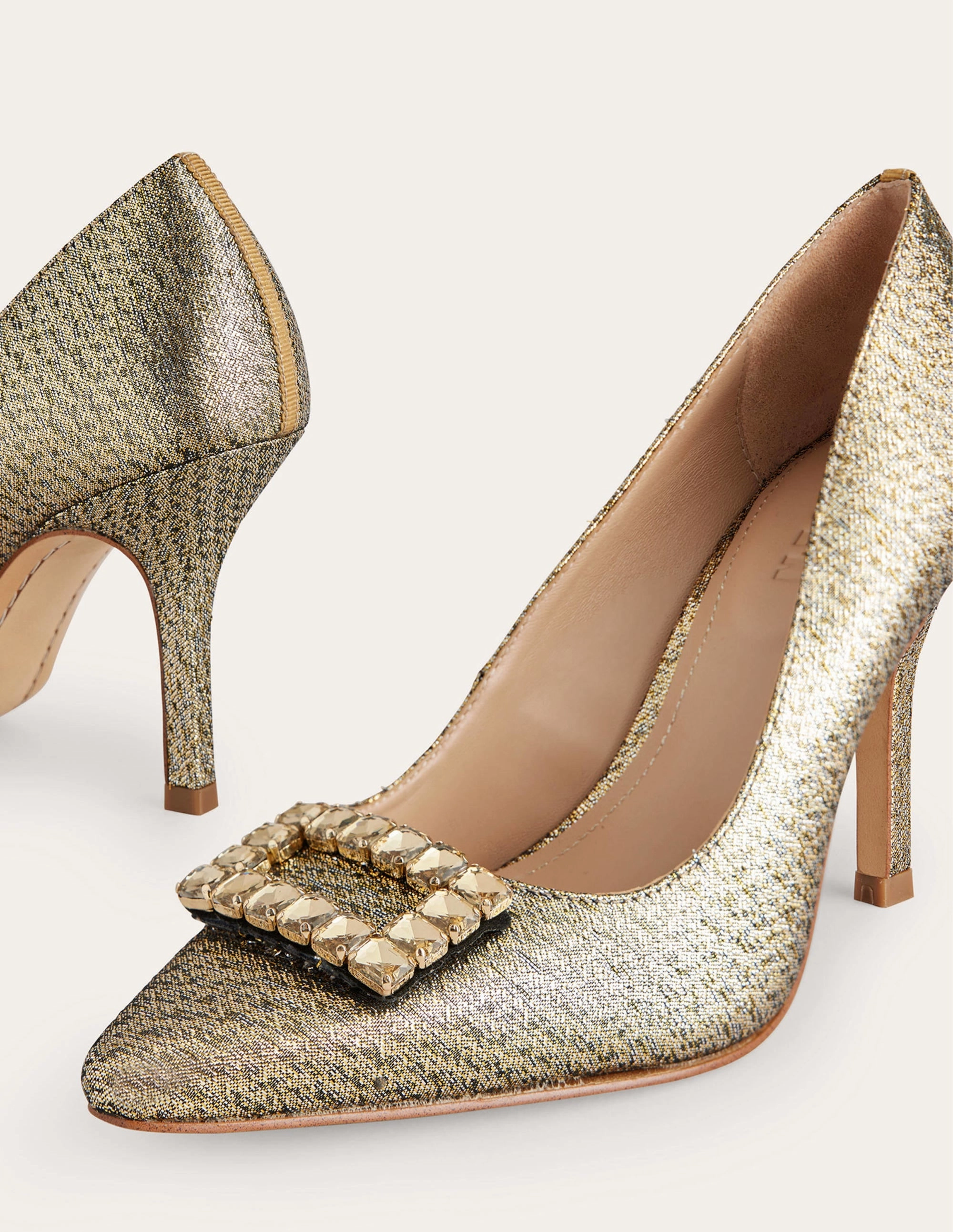 Jewelled Heeled Court Shoes-Gold Metallic