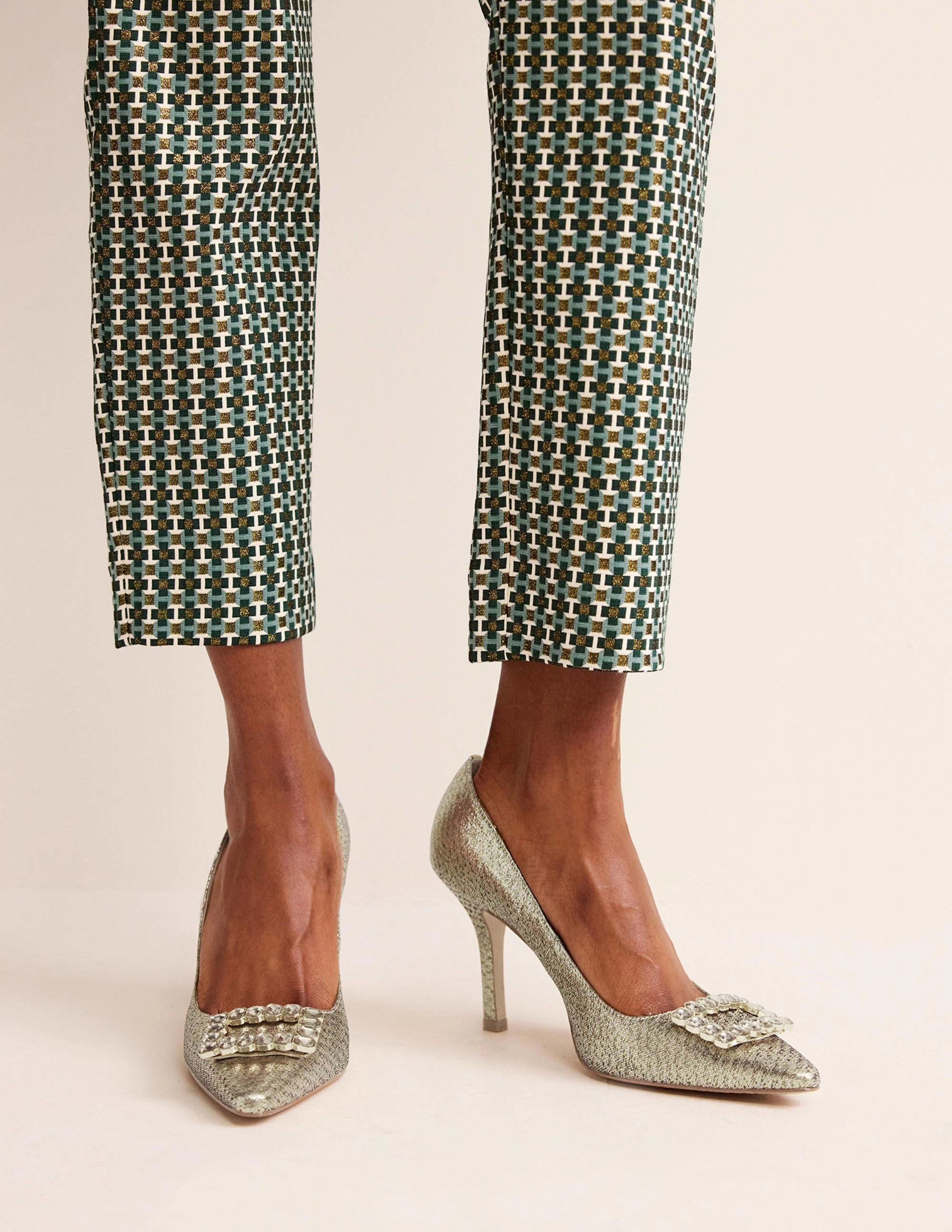Jewelled Heeled Court Shoes-Gold Metallic