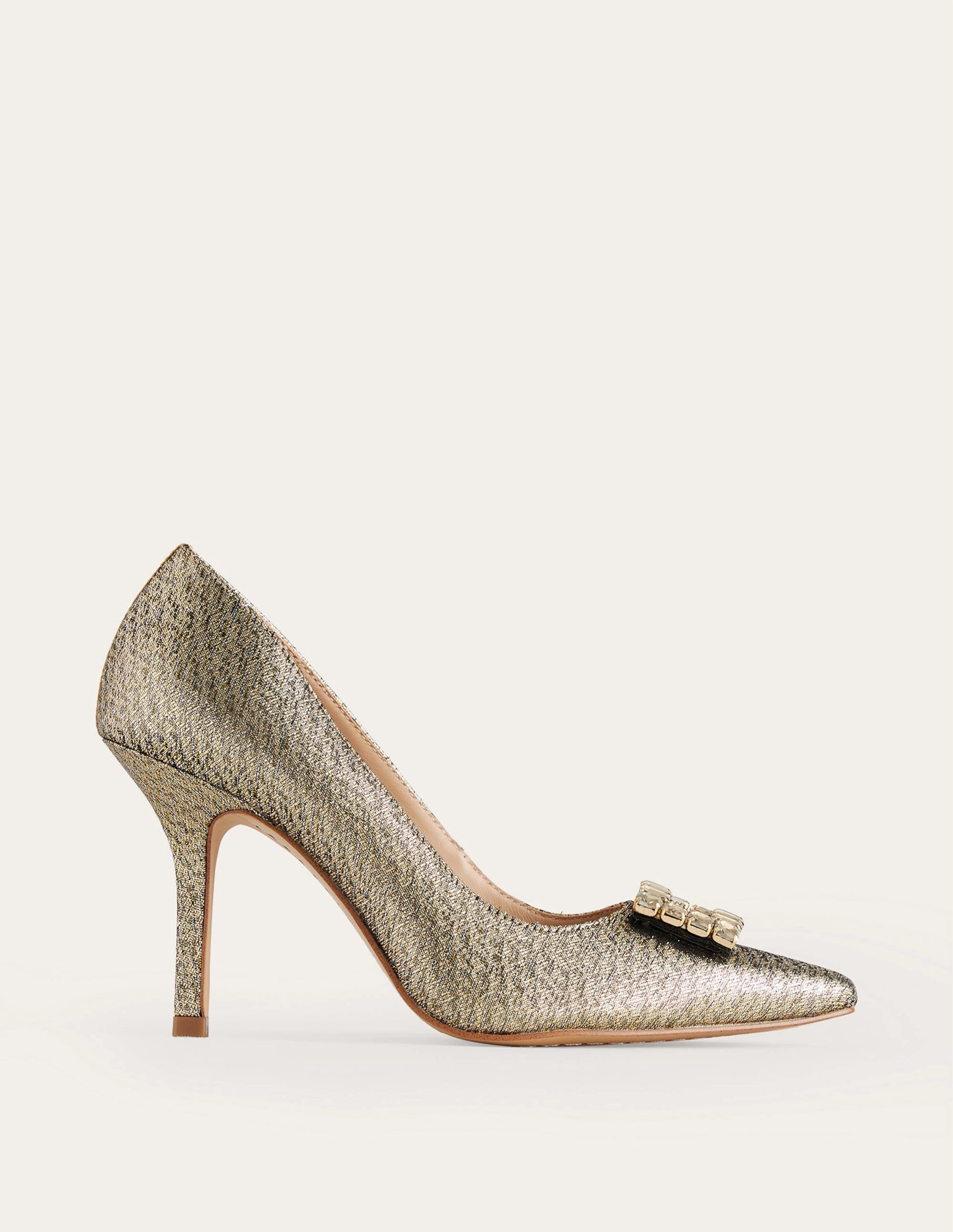 Jewelled Heeled Court Shoes-Gold Metallic