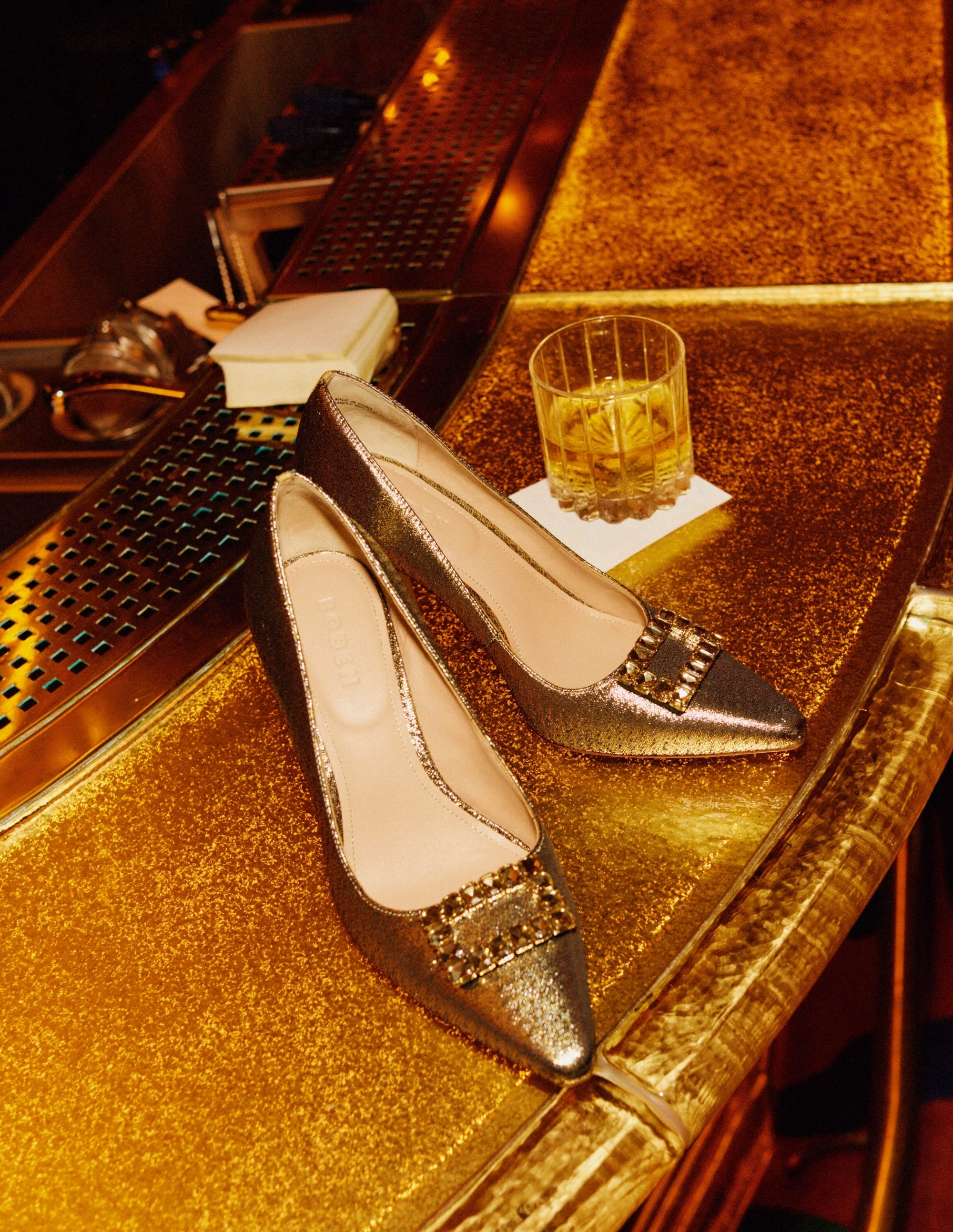 Jewelled Heeled Court Shoes-Gold Metallic