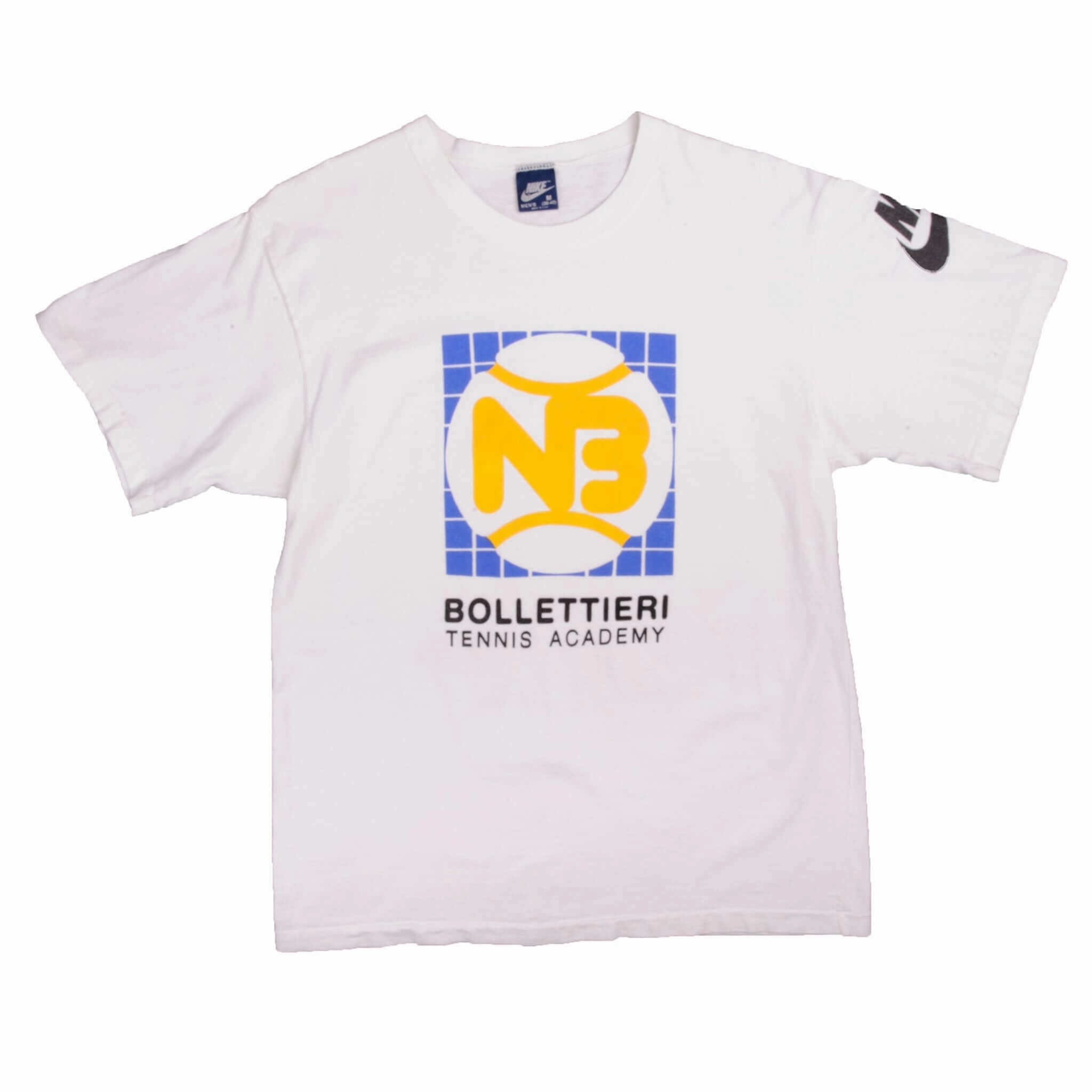 VINTAGE NIKE BOLLETTIERI TENNIS ACADEMY TEE SHIRT 1984-1987 MEDIUM MADE USA
