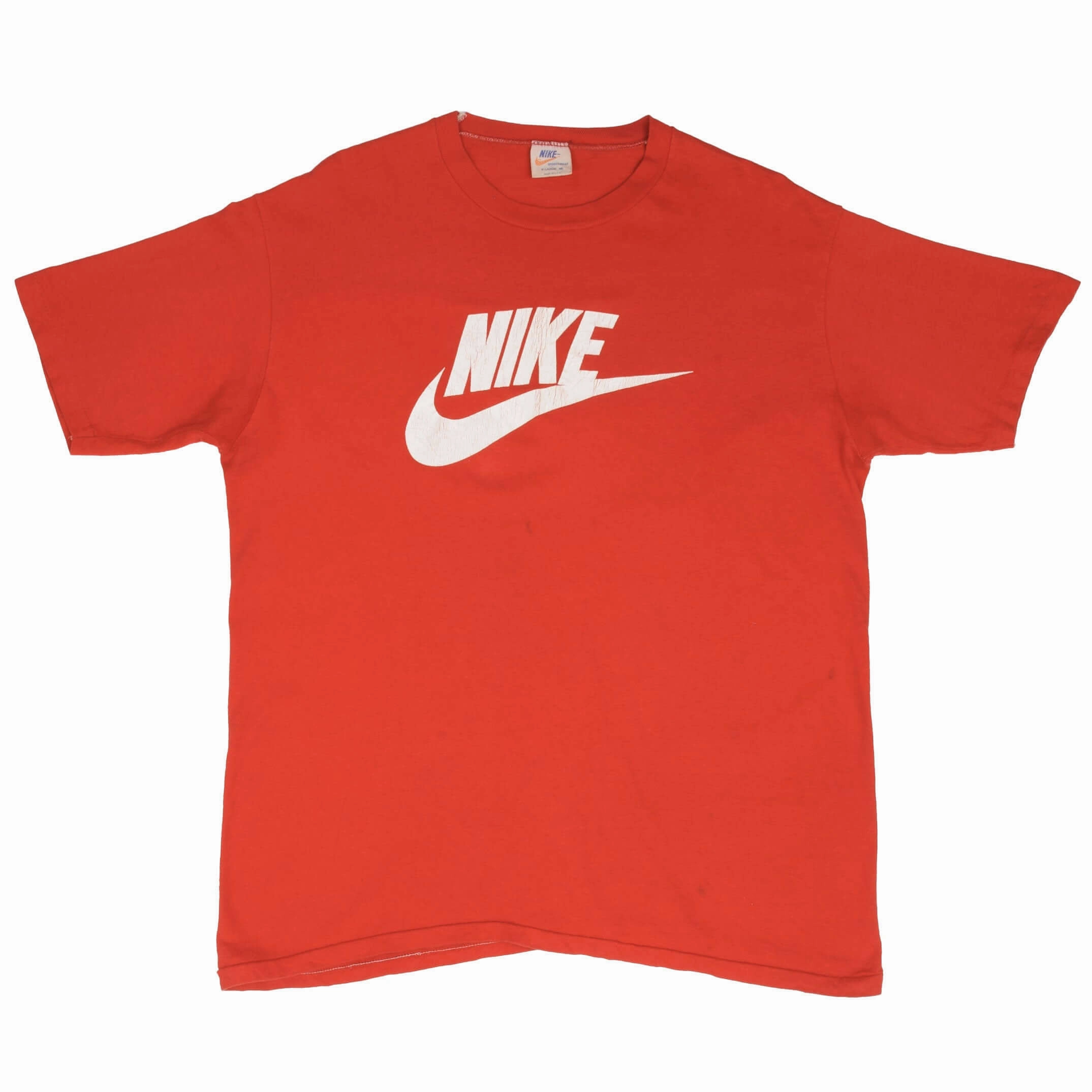 VINTAGE NIKE SPELLOUT SWOOSH RED TEE SHIRT 1970S SIZE XL MADE IN USA